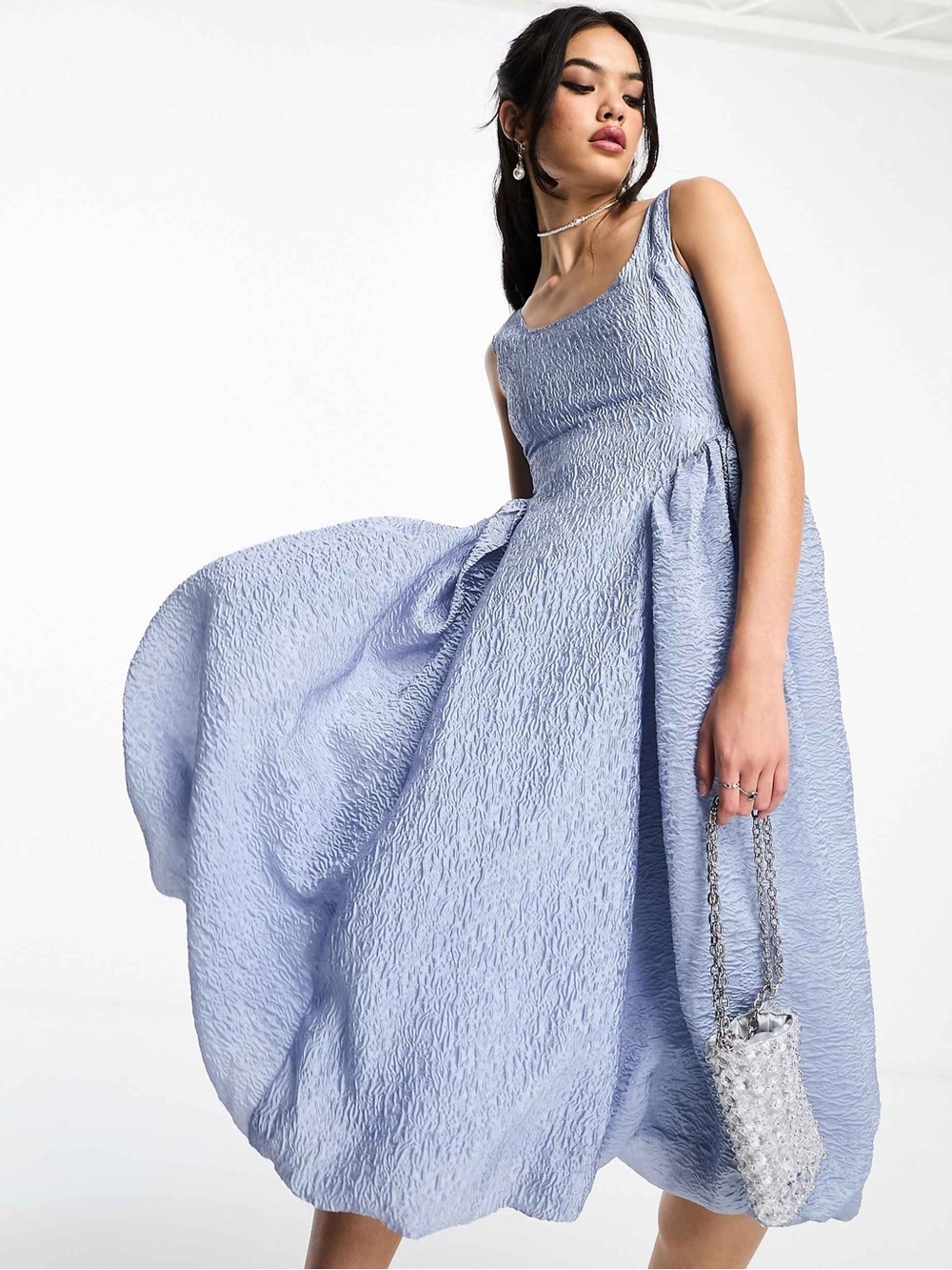 DREAM Sister Jane Josie Bubble Hem Midi Dress Blue Jacquard Size M